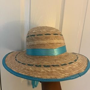 This is a tan hat with blue